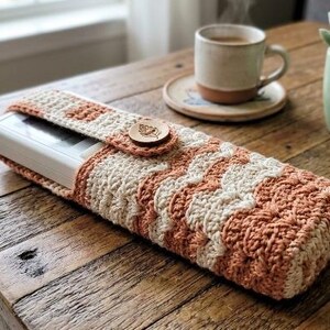 May include: A rectangular remote control cover made of crocheted yarn in alternating stripes of cream and terracotta orange. The cover features a flap secured by a small, round, light brown wooden button engraved with a leaf design.