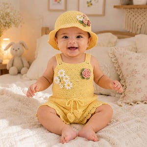 May include: A yellow crochet romper and matching bucket hat. The romper features a drawstring waist with two heart-shaped accents and is decorated with white daisy appliqués and a single pink rose. The hat has a cluster of floral appliqués.