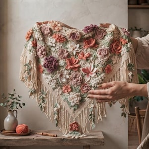 Pode incluir: Um xale triangular de crochê com um arranjo denso de motivos florais tridimensionais em tons de creme, rosa antigo, verde sálvia e malva. As bordas são finalizadas com longas franjas creme e pequenos detalhes de folhas em crochê.