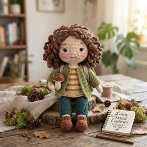 May include: A crocheted doll with curly brown hair, wearing a green cardigan, a striped shirt, and dark teal pants. The doll holds a small crocheted mushroom and has a backpack. A notebook labeled Luna the Forest Explorer is nearby.