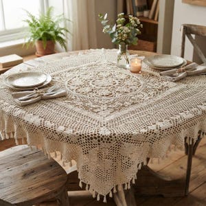 Könnte beinhalten: Eine quadratische, beige Häkel-Tischdecke mit einem komplexen zentralen Mandalamuster und einem gewellten Rand mit kleinen Quasten. Die Tischdecke liegt auf einem runden Tisch, der mit weißen Keramiktellern, Besteck und einer Kerze gedeckt ist.