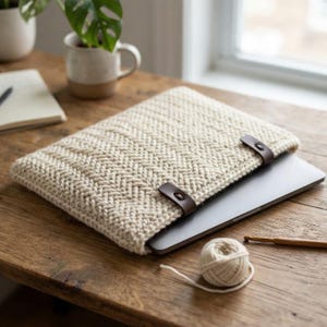 Puede incluir: Una funda para portátil de color crema con un patrón de punto de espiga texturizado. La funda se asegura con dos correas de cuero marrón oscuro que tienen botones de presión metálicos. Cubre parcialmente un portátil fino de color gris oscuro.