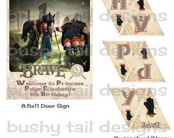 Brave Princess Merida Party  Kit - Party Door Sign, Happy Birthday Banner, Cupcake Toppers, Bottle Caps, etc Personalized