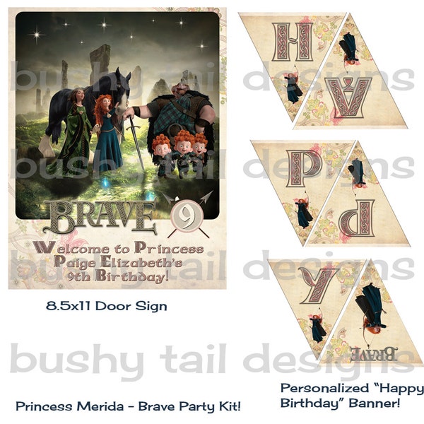 Brave Princess Merida Party Kit - Letrero de la puerta de la fiesta, banner de feliz cumpleaños, toppers de cupcakes, tapas de botellas, etc. Personalizado