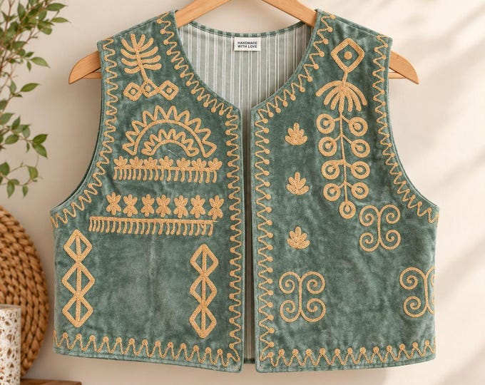 Velvet Suzani Embroidered Vest, Boho Hippie Jacket, Sleeveless Folk Art Waistcoat, Vintage Style Open Front Vest, Free Size