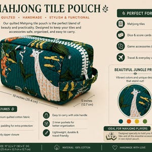 May include: A rectangular quilted Mahjong tile pouch featuring a jungle print with giraffes and foliage on a dark teal background. It has a white zipper closure, a side handle, and dimensions of 10 inches by 5 inches by 5 inches.