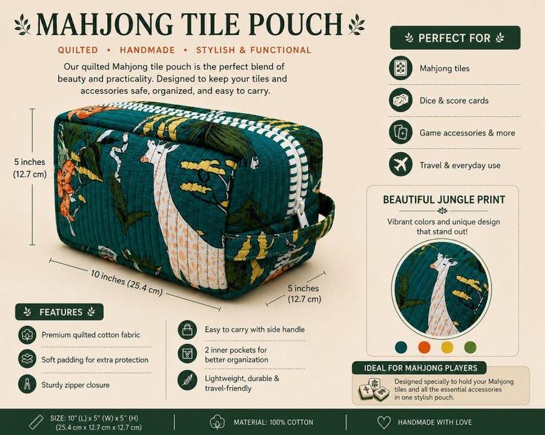 May include: A rectangular quilted Mahjong tile pouch featuring a jungle print with giraffes and foliage on a dark teal background. It has a white zipper closure, a side handle, and dimensions of 10 inches by 5 inches by 5 inches.