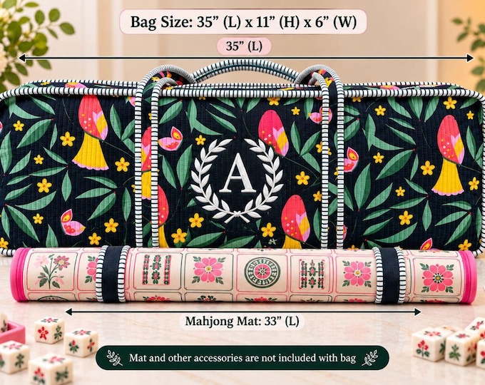 Quilted Mahjong Bag, Personalized Mahjong Tote for 33" Mat & Tiles, Large Monogram Mahjong Carrier, Floral Bird Print Mahjong Gift for Her