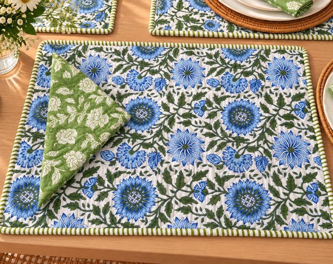 Reversible Quilted Placemat with Cotton Napkin, Blue & Green Floral Table Mat, Double Sided Handmade Dining Decor, Reusable Napkin Set