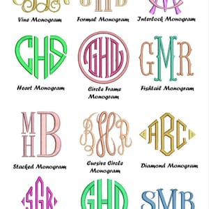 May include: A grid of twelve embroidered monogram designs featuring various fonts and shapes, including vine, formal, interlock, heart, circle frame, fishtail, stacked, cursive circle, diamond, narrow diamond, circle, and serif styles with text labels.