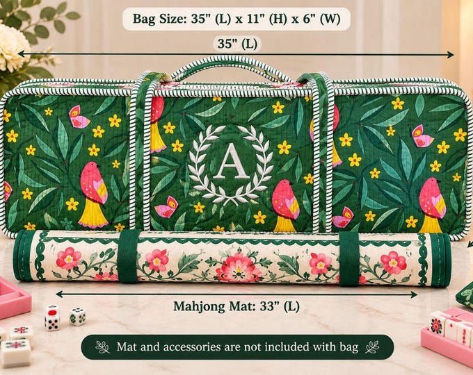 Personalized Mahjong Tote Bag, Large Quilted Mahjong Case Holds 33 Inch Mat, Racks & Tiles, Green Botanical Bird Print, Mahjong Lover Gift