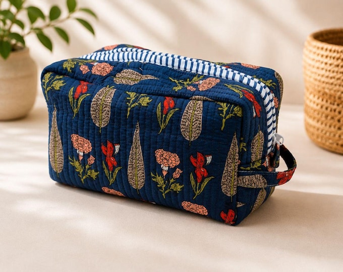 Personalized Navy Floral Quilted Toiletry Bag, Custom Makeup Bag, Travel Cosmetic Organizer, Handmade Gift for Her