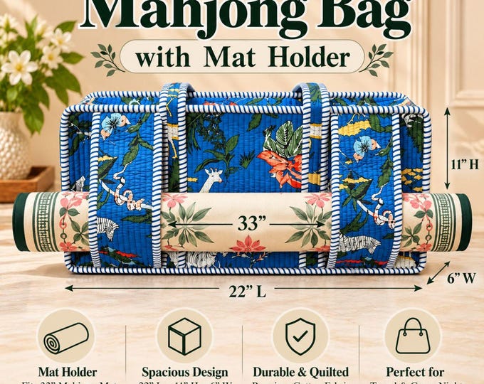Personalized Mahjong Bag with Mat Holder, Quilted Cotton American Mahjong Tote, 33 Inch Mat Strap, Custom Name Gift for Mahjong Lovers