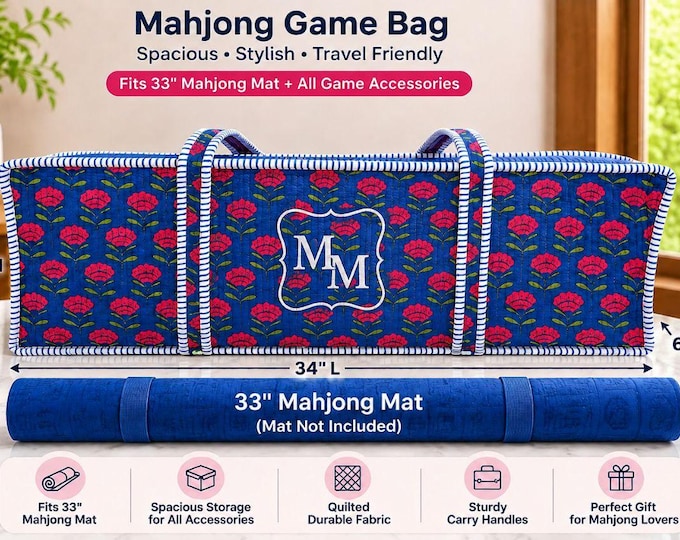 Mahjong Bag for 33" Mat, Quilted Game Bag, Mahjong Set Storage, Blue Floral Game Night Bag, Gift for Mahjong Lovers, Game Organize
