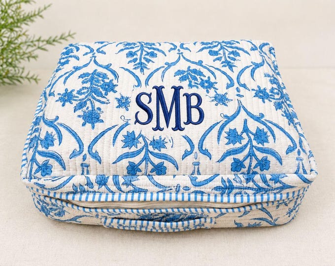 Quilted Packing Cubes , Blue Floral Cotton Travel Organizer, Luggage Storage Bags, Handmade Travel Packing Bags
