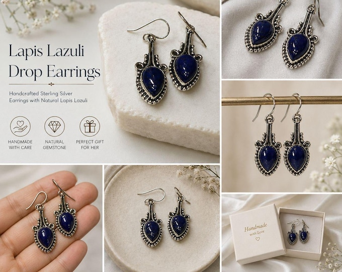 Natural Gemstone Drop Earrings, 925 Sterling Silver Earrings, Turquoise Lapis Lazuli Green Onyx Earrings, Boho Gift for Her