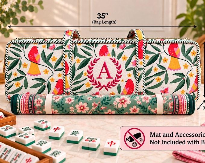 Quilted Mahjong Bag, Personalized Mahjong Tote for 33" Mat & Tiles, Large Monogram Mahjong Carrier, Floral Bird Print Mahjong Gift for Her
