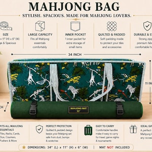 May include: A rectangular dark green Mahjong bag featuring a white and green striped trim and a jungle-themed pattern with monkeys and birds. The bag measures 34 inches long, 11 inches high, and 6 inches wide, with two fabric handles.