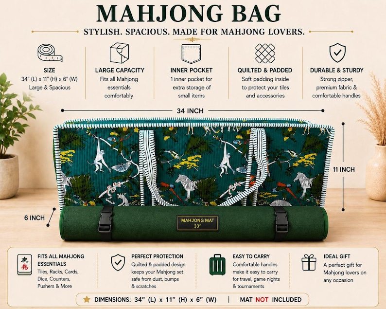 May include: A rectangular dark green Mahjong bag featuring a white and green striped trim and a jungle-themed pattern with monkeys and birds. The bag measures 34 inches long, 11 inches high, and 6 inches wide, with two fabric handles.