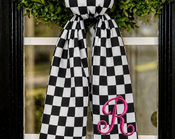 Black Gingham Christmas Wreath Sash, Personalized Monogram Wreath Bow, Farmhouse Front Door Decor, Buffalo Check Holiday Door Ribbon