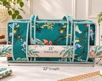 Op de afbeelding: Een blauwgroene gewatteerde stoffen tas met een bloemen- en vogelpatroon, voorzien van gestreepte handvatten en randen. De tas bevat een opgerolde Mahjong-mat van 83,8 cm. Afmetingen: 55,9 cm lang, 27,9 cm hoog en 15,2 cm breed.