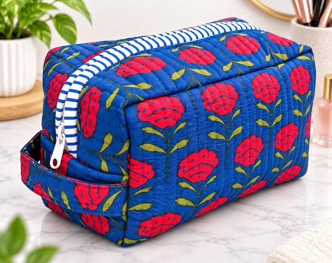 Block Print Makeup Bag, Quilted Cotton Cosmetic Pouch, Blue Floral Toiletry Bag, Travel Organizer Case, Handmade Gift for Her