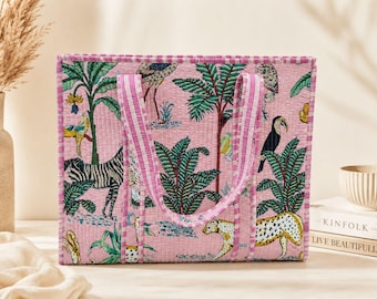 Pink Quilted Tote Bag, Jungle Animal Print Cotton Tote, Handmade Shoulder Bag, Tropical Safari Bag, Large Everyday Travel Shopper