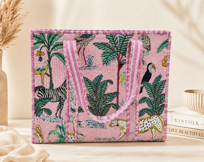 Pink Quilted Tote Bag, Jungle Animal Print Cotton Tote, Handmade Shoulder Bag, Tropical Safari Bag, Large Everyday Travel Shopper