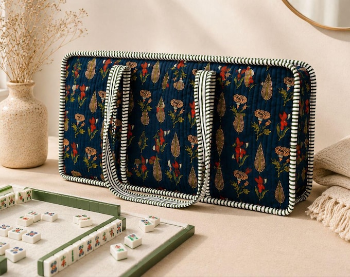 Quilted Mahjong Bag, Navy Floral Cotton Game Tote, Mahjong Travel Bag, Handmade Mahjong Tile Bag