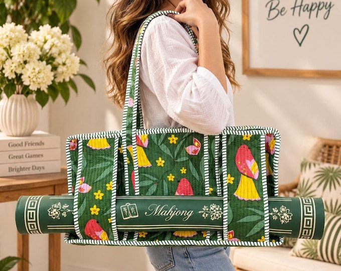 Quilted Mahjong Bag with Mat Holder Straps, Green Bird Floral Mahjong Tote, Zippered Mahjongg Tile Carrier, Mahjong Gift for Her
