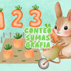Puede incluir: Una ilustración digital que muestra un conejo marrón sosteniendo una zanahoria junto a una carretilla, un huerto con zanahorias y los números 1, 2 y 3 con forma de zanahoria. El texto CONTEO SUMAS GRAFIA está centrado en blanco con borde verde.