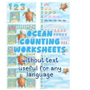 Puede incluir: Una colección de hojas de trabajo educativas con temática oceánica que presentan ilustraciones en acuarela de tortugas marinas, peces, conchas y estrellas de mar, con números y ejercicios de conteo sobre un fondo azul claro con el texto OCEAN COUNTING WORKSHEETS.