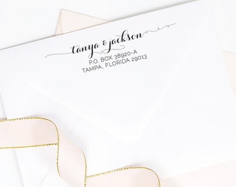 Custom return address rubber stamp - whimsical script calligraphy - wood handle or self inking for envelopes - TP002