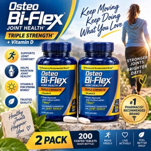 May include: Two blue plastic bottles of Osteo Bi-Flex Triple Strength dietary supplement with Vitamin D. Each bottle contains 200 coated tablets. The labels feature white and yellow text, including the phrase Keep Moving Keep Doing What You Love.
