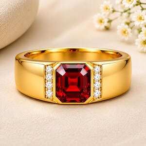 Peut inclure: Une bague en or avec une pierre précieuse rouge centrale taille émeraude, flanquée de deux rangées verticales de trois petits diamants blancs ronds de chaque côté. L'anneau est lisse et poli, avec une finition en or jaune brillant.