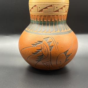 Mitchell Blackbear Navajo Pottery Vase Signed Hand Etched Kokopelli 5” Native Art