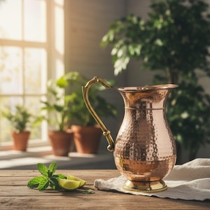 Peut inclure: Une carafe en cuivre martelé avec une anse et une base en laiton poli. Le récipient présente un corps arrondi à la surface texturée, un bord évasé et une bande perlée décorative autour du col. Des feuilles de menthe fraîche et des quartiers de citron vert sont posés à proximité.