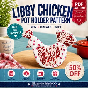 Chicken Pot Holder Sewing Pattern PDF | Libby Chicken Oven Mitt Pattern | Farmhouse Potholder | Quilted Hot Pad | Instant Download