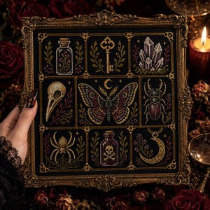 May include: A framed cross-stitch sampler on black fabric featuring a grid of nine distinct motifs including a glass bottle, an ornate key, purple crystals, a bird skull, a large moth, a beetle, a spider, a skull bottle, and a crescent moon.
