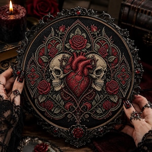 Puede incluir: Un bordado de punto de cruz circular que presenta un corazón anatómico central flanqueado por dos cráneos humanos, rodeado de rosas rojas y complejos patrones de filigrana en negro y oro, dentro de un marco de metal negro adornado con detalles rojos.