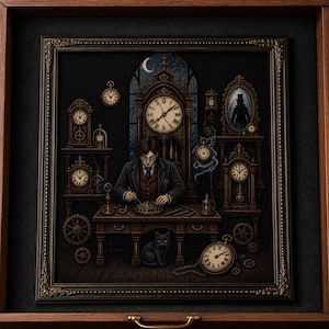 May include: A framed cross-stitch artwork depicting a person in a dark suit working at a wooden desk surrounded by numerous antique clocks, gears, and a black cat. The scene features a large grandfather clock, various pocket watches, and a mirror.
