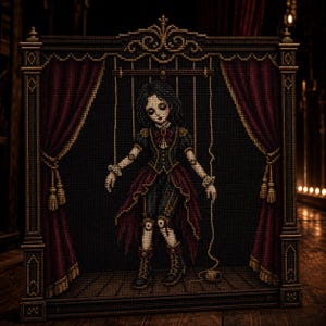 May include: A cross-stitch embroidery depicting a marionette doll with dark hair, wearing a black and red outfit, suspended by strings within a framed stage setting featuring deep red curtains and ornate gold-toned architectural details.