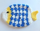 Fish hot pad, Fish pot holder, Ocean, Sea, Tropical, Cotton yarn, Handmade, Crochet, Beach, Blue, Yellow, White