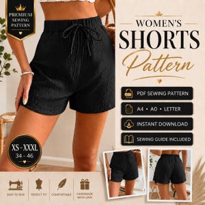 Può includere: Un paio di pantaloncini neri con elastico in vita e coulisse. Il testo sull'immagine include Premium Sewing Pattern, Women's Shorts Pattern, PDF Sewing Pattern, A4, A0, Letter, Instant Download e Sewing Guide Included.