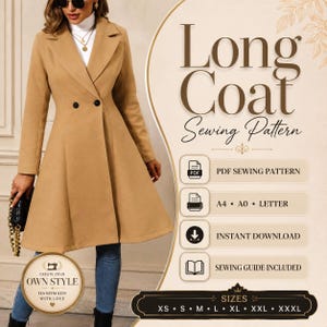 Puede incluir: Un patrón de costura para abrigo largo color canela con diseño cruzado de dos botones negros, solapa de muesca y falda acampanada. El texto incluye Long Coat Sewing Pattern, PDF Sewing Pattern, A4, A0, Letter, Instant Download, Sewing Guide Included y las tallas XS, S, M, L, XL, XXL, XXXL.