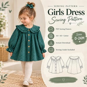 Könnte beinhalten: Ein dunkelgrünes langärmeliges Kleid mit Rüschenkragen, durchgehender Knopfleiste und gerüschten Ärmelabschlüssen. Der Text lautet SEWING PATTERN Girls Dress Sewing Pattern, PDF Sewing Pattern, A4 A0 Letter, Instant Download, Sewing Guide Included, Sizes 0-24M.