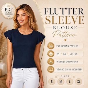 May include: A navy blue blouse with flutter sleeves and a round neckline, paired with white trousers. The text reads FLUTTER SLEEVE BLOUSE Pattern, PDF SEWING PATTERN, A4, A0, LETTER, INSTANT DOWNLOAD, SEWING GUIDE INCLUDED, and sizes S, M, L, XL.