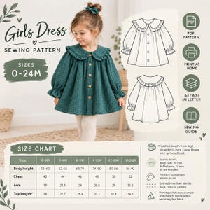 Patrón de costura para blusa de bebé / Cuello Peter Pan, ribete con volantes (Descarga digital)