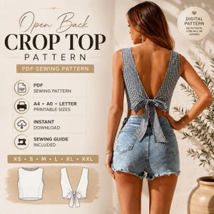 Puede incluir: Un patrón de costura digital en PDF para un top corto de espalda abierta con estampado de cuadros vichy en blanco y negro. El patrón incluye tallas de la XS a la XXL, imprimible en formatos A4, A0 y carta, con un diseño de lazo trasero.