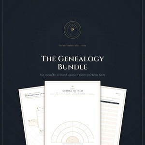 May include: A genealogy bundle featuring three white paper templates with gold lines and text on a dark blue background. The text reads The Genealogy Bundle, The Provenance Collection, Four-Generation Ancestral, Ancestral Fan Chart, and 4 Kits Print at Home US Letter + A4.